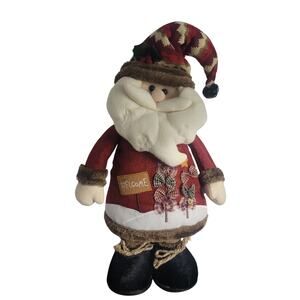 Extendable-Leg Santa Figure Rustic Fabric Welcome Hat Plaid ~18–28" Xmas Decor